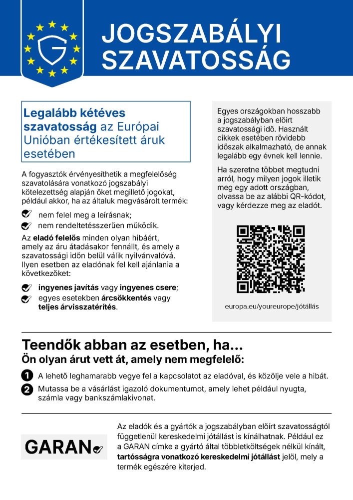 Hinweis zum gesetzlichen Gewährleistungsrecht – Ungarisch