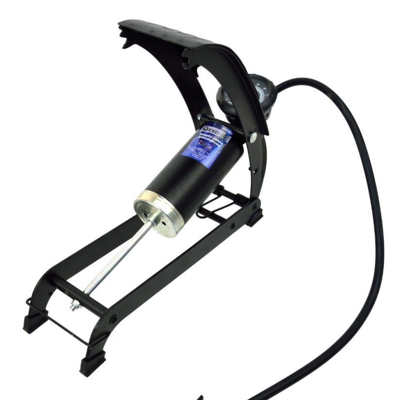 Foot pump with manometer, single piston