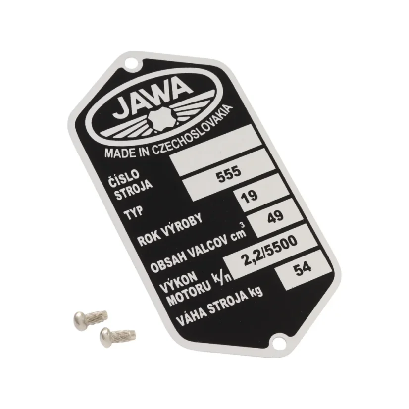 Typenschild 90×45 mit Nieten, gedruckt – JAWA 50 Typ 555