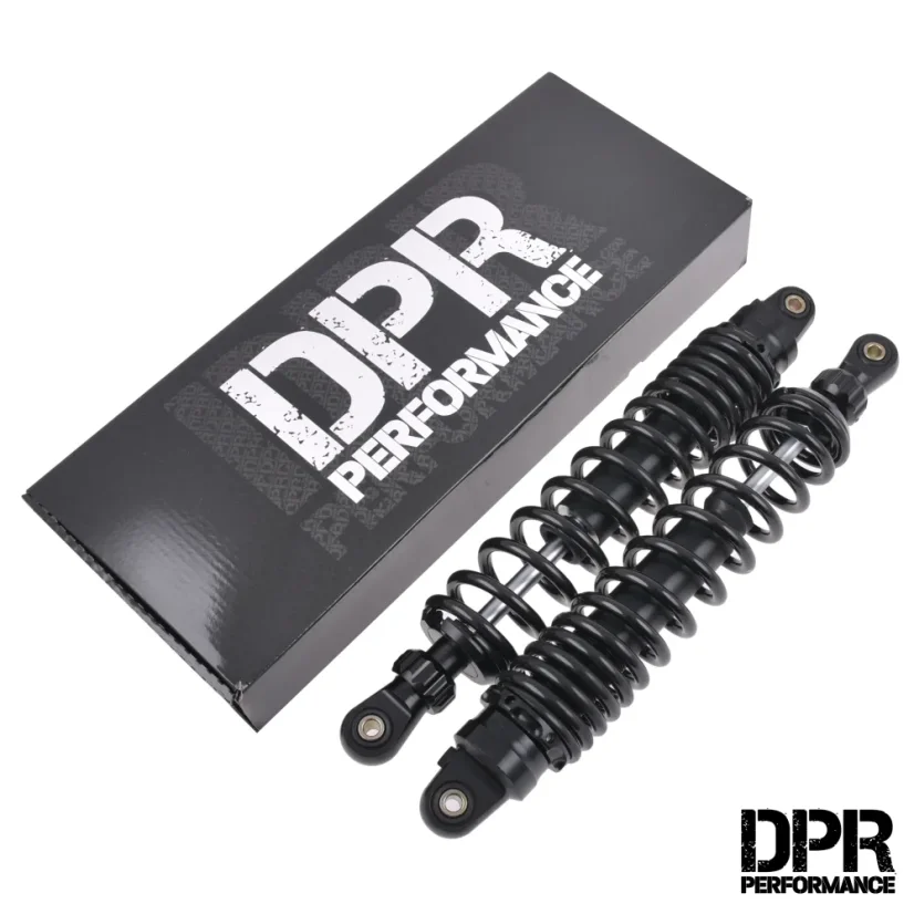 Tlumiče zadní 380 mm, stavitelné, ČERNÉ, sada 2 ks (DPR PERFORMANCE) – Simson