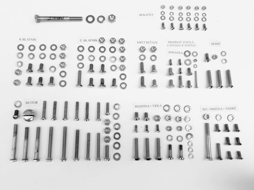 Complete set of screws, POLISHED STAINLESS (incl. leg shield panel) - JAWA 50 05,20