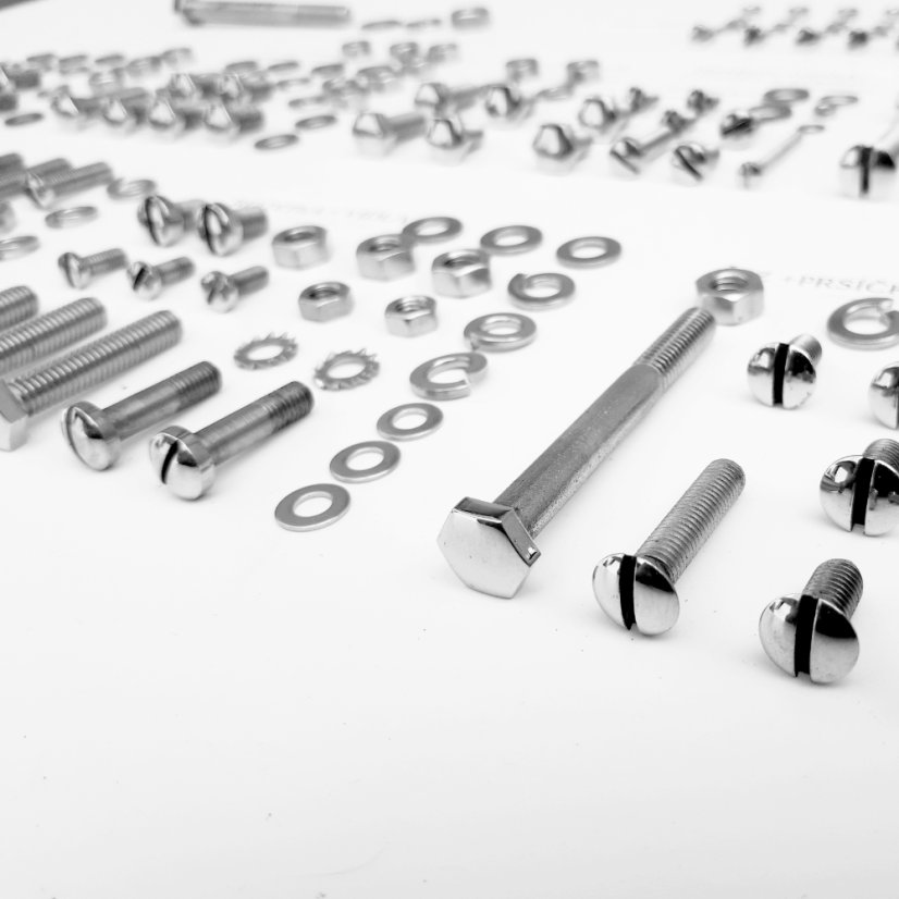 Complete set of screws, POLISHED STAINLESS (incl. leg shield panel) - JAWA 50 05,20