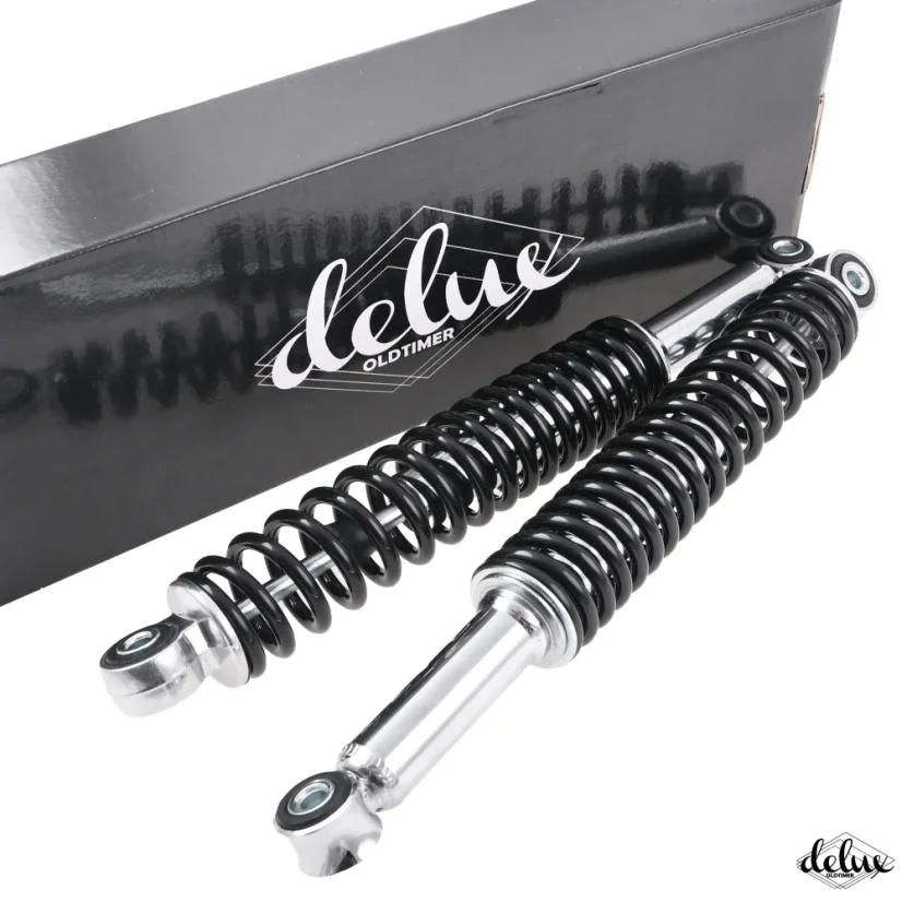 Zadné tlmiče 325 mm / 8/8 mm, CHRÓM / ČIERNE, sada 2 ks (DELUX) – JAWA 50