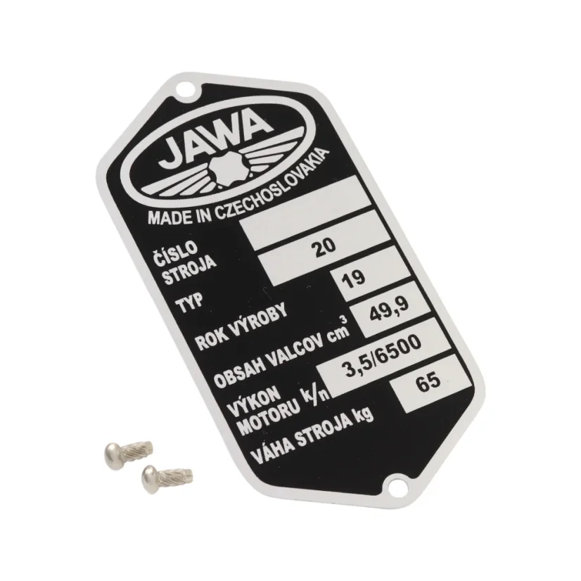 Typenschild 90×45 mit Nieten, gedruckt – JAWA 50 Typ 20